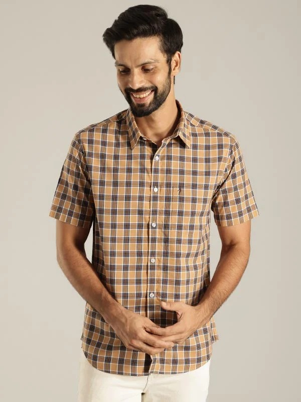 Indian Terrain Men's Slim Fit Half Sleeve Checkered Khaki Shirt